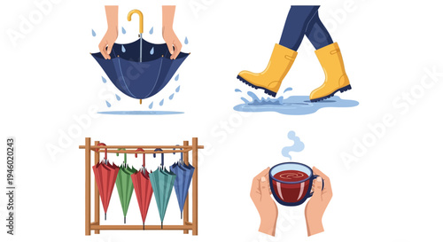 Rainy day activities and accessories featuring hands holding an umbrella, person wearing rain boots, a colorful umbrella stand, and hands warming with a hot drink, isolated white background.