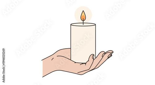 A gentle hand holding a lit white candle with a warm flame, conveying peace and serenity, isolated white background.