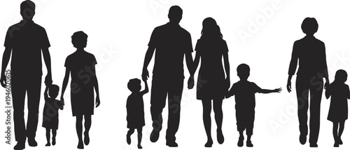 Silhouette of family with children holding hands, unity concept, parental love, togetherness, generational bond, community support illustration