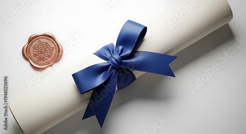 A diploma or degree certificate with a blue ribbon and seal