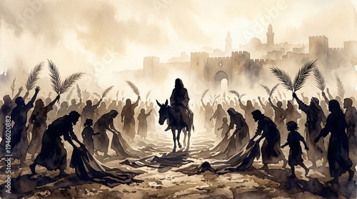 Jesus Triumphal Entry into Jerusalem Biblical Scene Palm Sunday Holy Week Christian Art Illustration