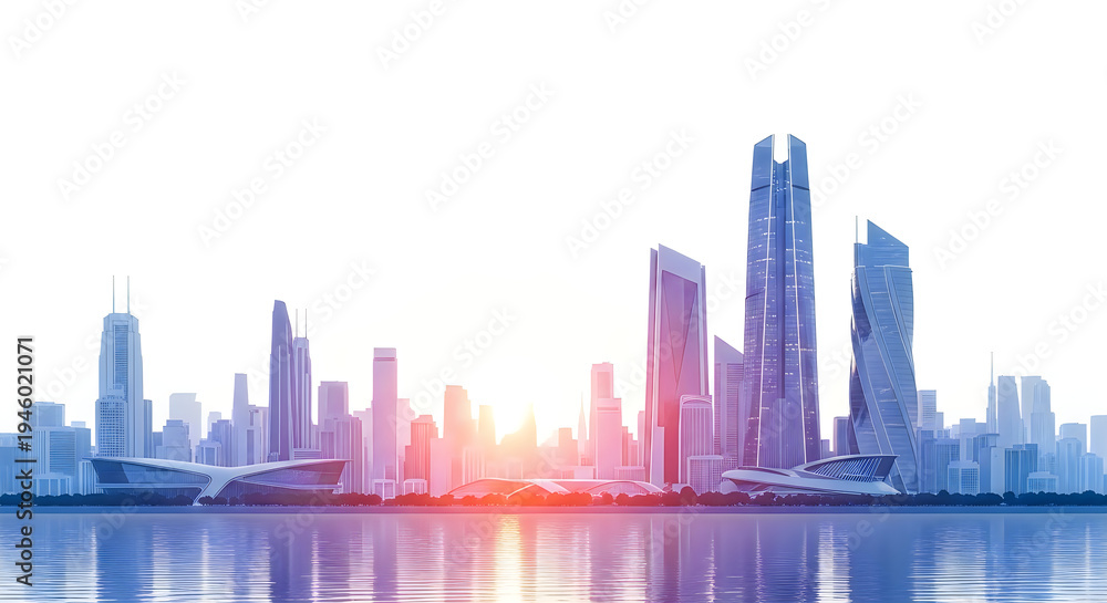 Fototapeta premium Futuristic city skyline with modern architecture reflecting in calm water