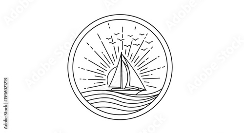Minimalist Line Art Sailboat on Ocean Waves with Sunset and Birds in Circle, isolated white background