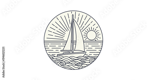 Minimalist Line Art Sailboat on Ocean Waves with Sunset and Birds in Circle, isolated white background