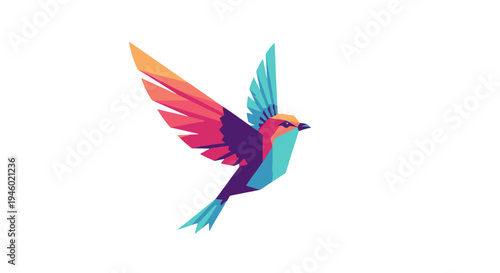 Vibrant Geometric Bird Flying with Open Wings, isolated white background