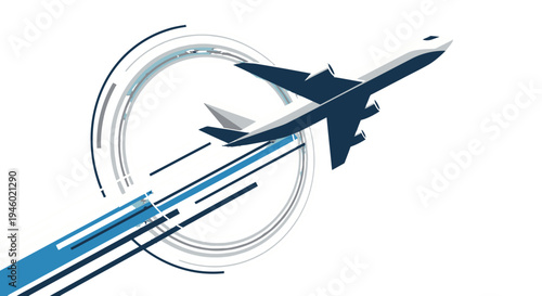 Dynamic Blue Airplane Taking Off with Speed Lines and Circular Motion, Isolated White Background
