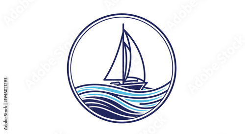 Nautical Sailboat on Blue Wavy Sea in a Circle Logo Design, Isolated White Background