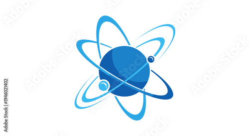 Abstract Blue Atom Structure with Orbiting Electrons on Isolated White Background