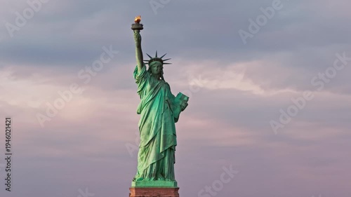 Famous symbol in New York City skyline. Liberty statue and New York City skyline. NYC panorama with iconic America statue Liberty. New York landscape view with New York City statue.