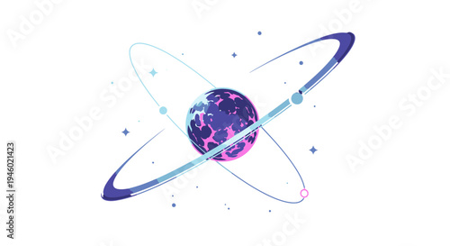 Abstract Cosmic Planet or Atom Structure with Orbits and Stars on Isolated White Background