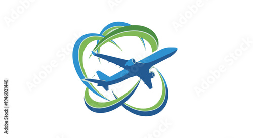 Blue Airplane Flying with Green and Blue Abstract Swirling Paths Logo on Isolated White Background