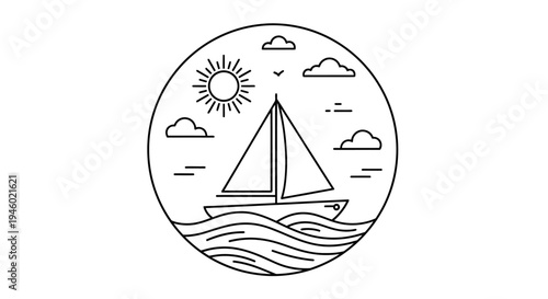 Minimalist line art illustration of a sailboat on the ocean under a sunny sky with clouds, enclosed in a circular frame.