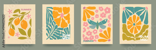 An abstract set of greeting cards with the inscription Hello Summer. Hand-drawn waves, leaves, and flowers. Vintage grain texture. Template for packaging, banners, and advertising. Vector