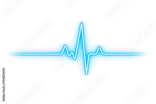 Blue Neon ECG Heartbeat Pulse Line Glowing Electrocardiogram Medical Health Monitor Waveform on White Background