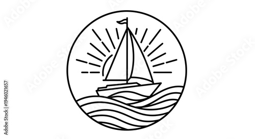 Minimalist line art illustration of a sailboat on wavy water with sun rays in a circular frame, depicting a serene maritime scene.