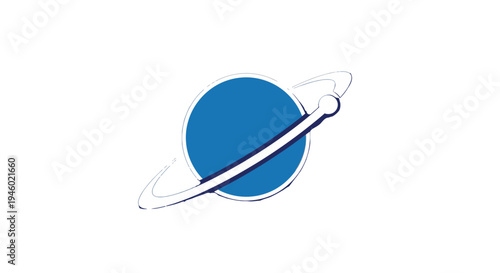 A minimalist blue planet icon with a white ring and a line passing through it, set against a clean white background.