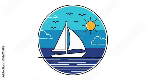 Minimalist illustration of a sailboat on the ocean under a sunny sky with birds and clouds, framed in a circle.