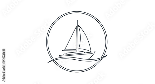 A minimalist line art illustration of a sailboat on water within a circular frame, depicting a serene nautical scene.
