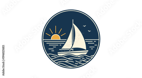 A minimalist circular logo featuring a sailboat sailing on wavy water under a setting sun with birds flying in the sky, in a serene nautical design.
