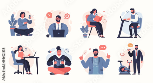 Diverse individuals engaged in work, learning, and fitness activities