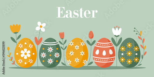 Easter banner. Modern easter greeting card. Easter horizontal seamless pattern. Minimal flat vector illustration, easter decoration, eggs with flowers for poster. Easter border. Trendy Easter design
