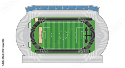 Overhead View of a Stadium with Track and Field.