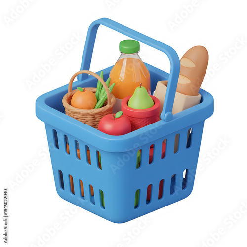 A blue shopping basket filled with groceries isolated on transparent background