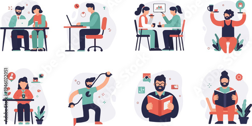 Diverse people engaged in various leisure, work, and fitness activities