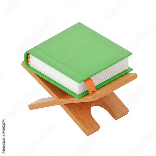A green book with an orange bookmark sits on a wooden stand isolated on transparent background