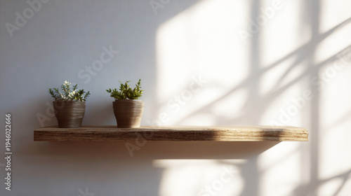 Minimalist interior with potted plants on wooden shelf, creating light and shadow patterns on white wall