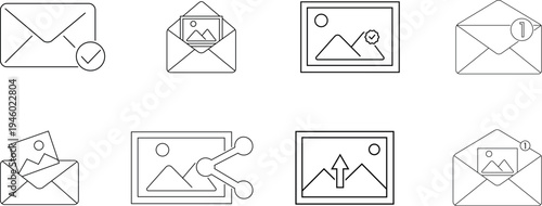 Email icon set outline with photo attachment and sharing vector illustration isolated on transparent background