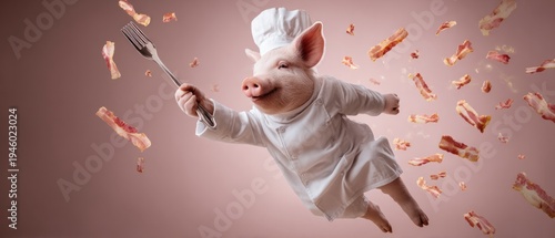 Happy Pig Chef with Flying Bacon Slices on Minimal Background