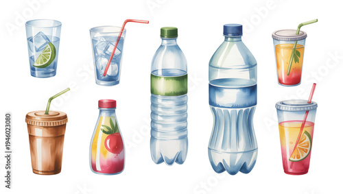 Watercolor fresh summer drink set with citrus juice water bottles and iced beverages.
