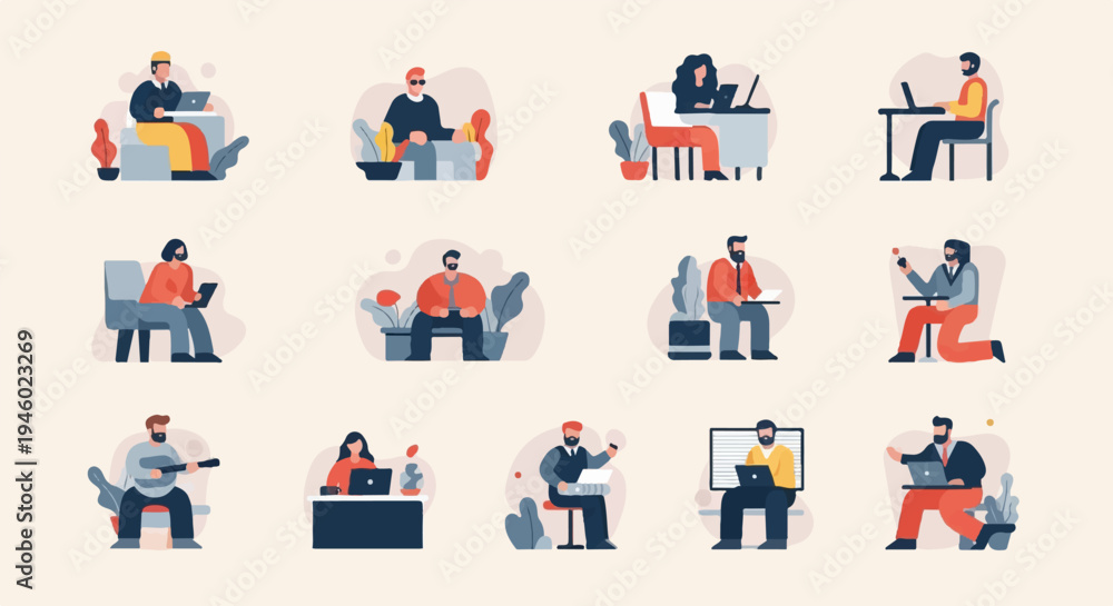 Fototapeta premium Diverse individuals engaged in various activities with technology and leisure