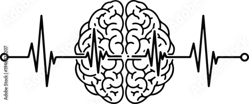 Human brain illustration with a heart rate pulse line symbolizing mental health and life.