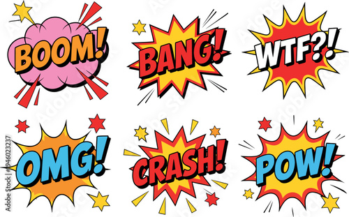 Vibrant comic book sound effects explode with dynamic energy. Colorful bubbles feature classic action words like boom, bang, and pow.