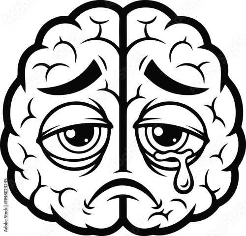 A black and white illustration of a sad crying brain with a single tear rolling down its face.