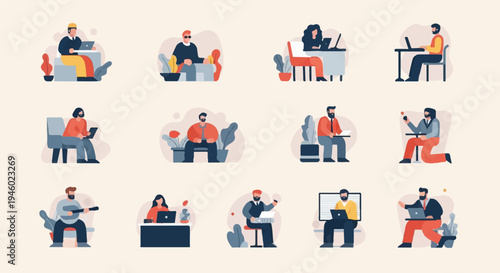 Diverse individuals engaged in various activities with technology and leisure