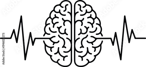 Minimalist black and white illustration of a human brain with an integrated heartbeat pulse line.