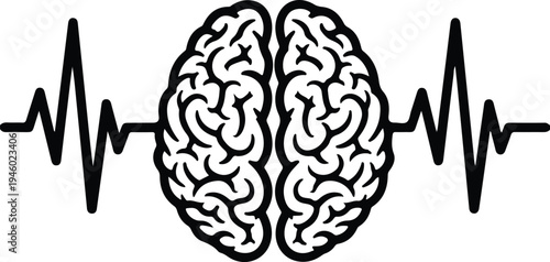 Human brain illustration with pulse wave line representing mental health and activity