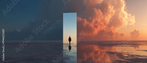 Person Walking Through Surreal Portal Into Another World