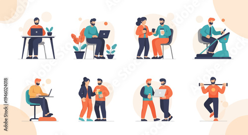 Diverse individuals engaged in work, exercise, and social interactions