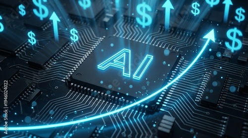 Wallpaper Mural Glowing AI chip with dollar symbols and an upward trend line on a circuit board, data center expansion, rising compute costs, memory shortage. Torontodigital.ca