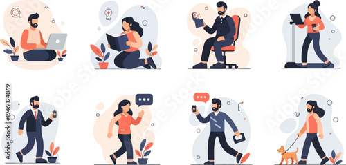 Diverse people engaged in various modern activities, from work to leisure