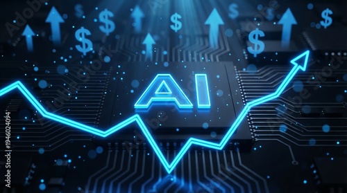 AI text with a rising chart line on a circuit board, data center expansion, higher computing costs, RAM market shortage.