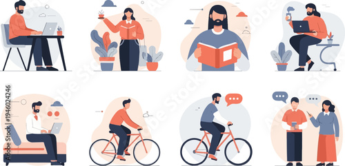 Diverse people engaged in various activities like working, reading, and cycling