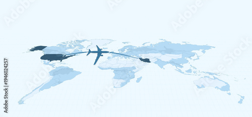 Airplane Flight Route Between USA and Iran on World Map