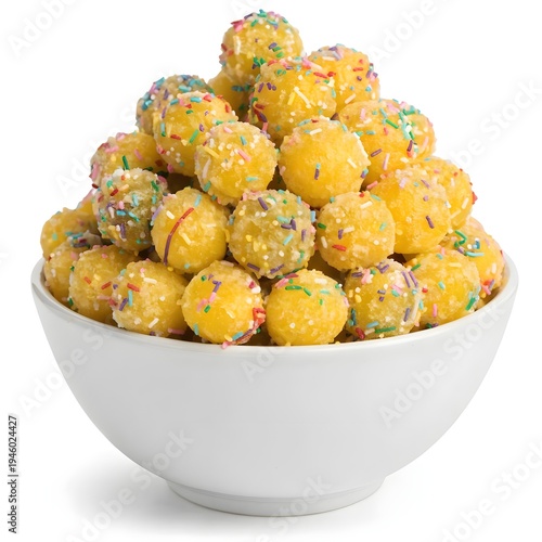 Small Yellow Candy Balls in White Bowl, Colorful Sweet Dessert