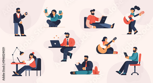 Diverse individuals engaged in various activities work, music, relaxation