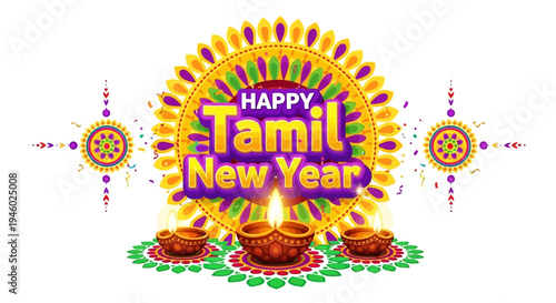 A vibrant illustration celebrating the Tamil New Year with colorful decorations